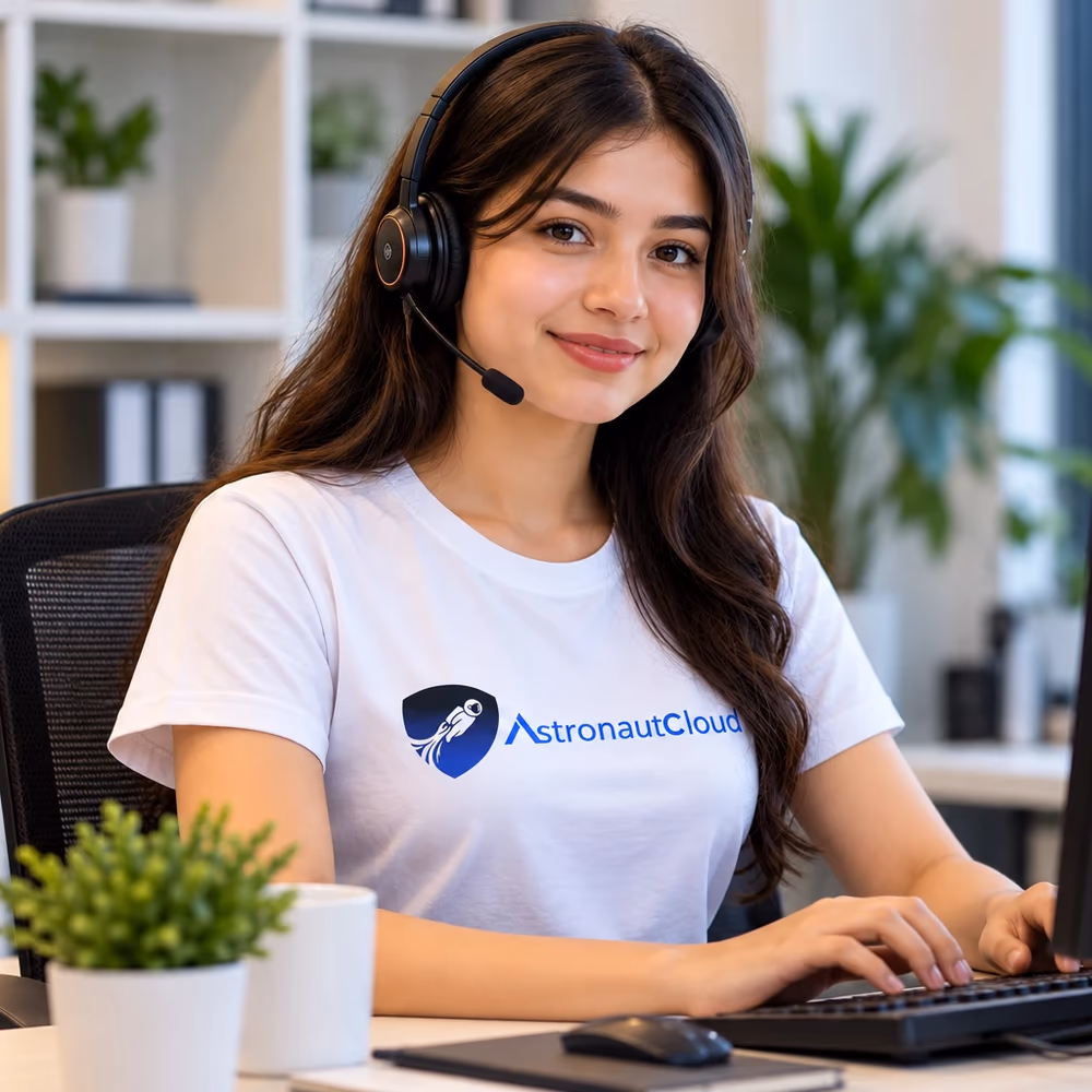 Smiling AstronautCloud customer support specialist wearing a headset at her desk, ready to help with hosting, domains and email 24/7