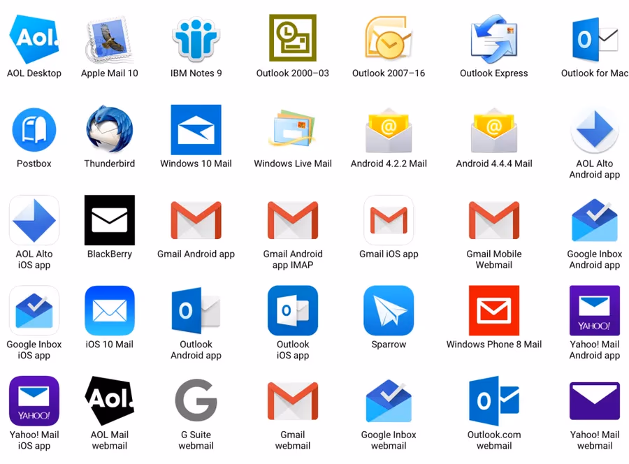 Supported email clients — Outlook, Apple Mail, Gmail, Thunderbird, eM Client, and more