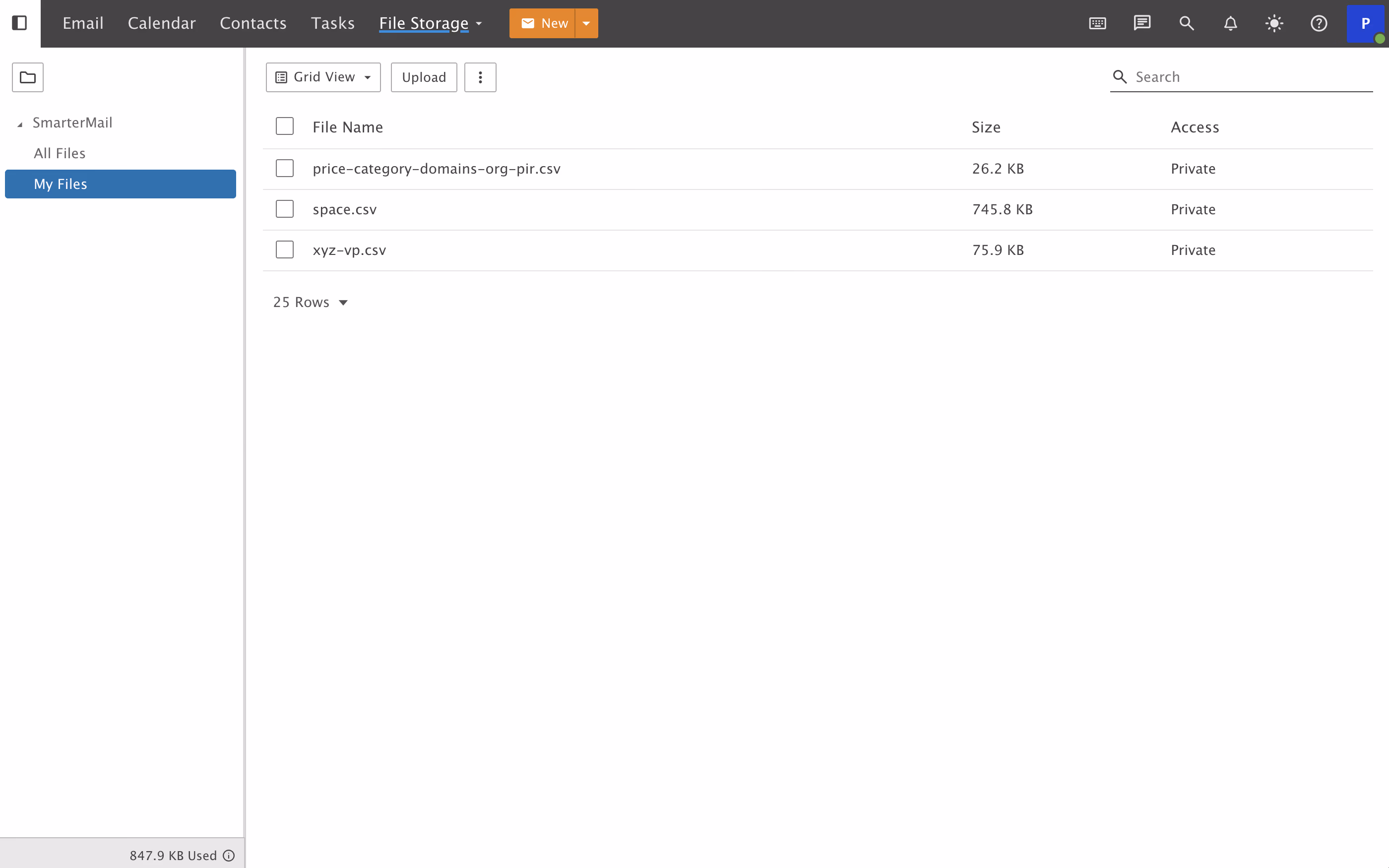 AstroMail file storage browser