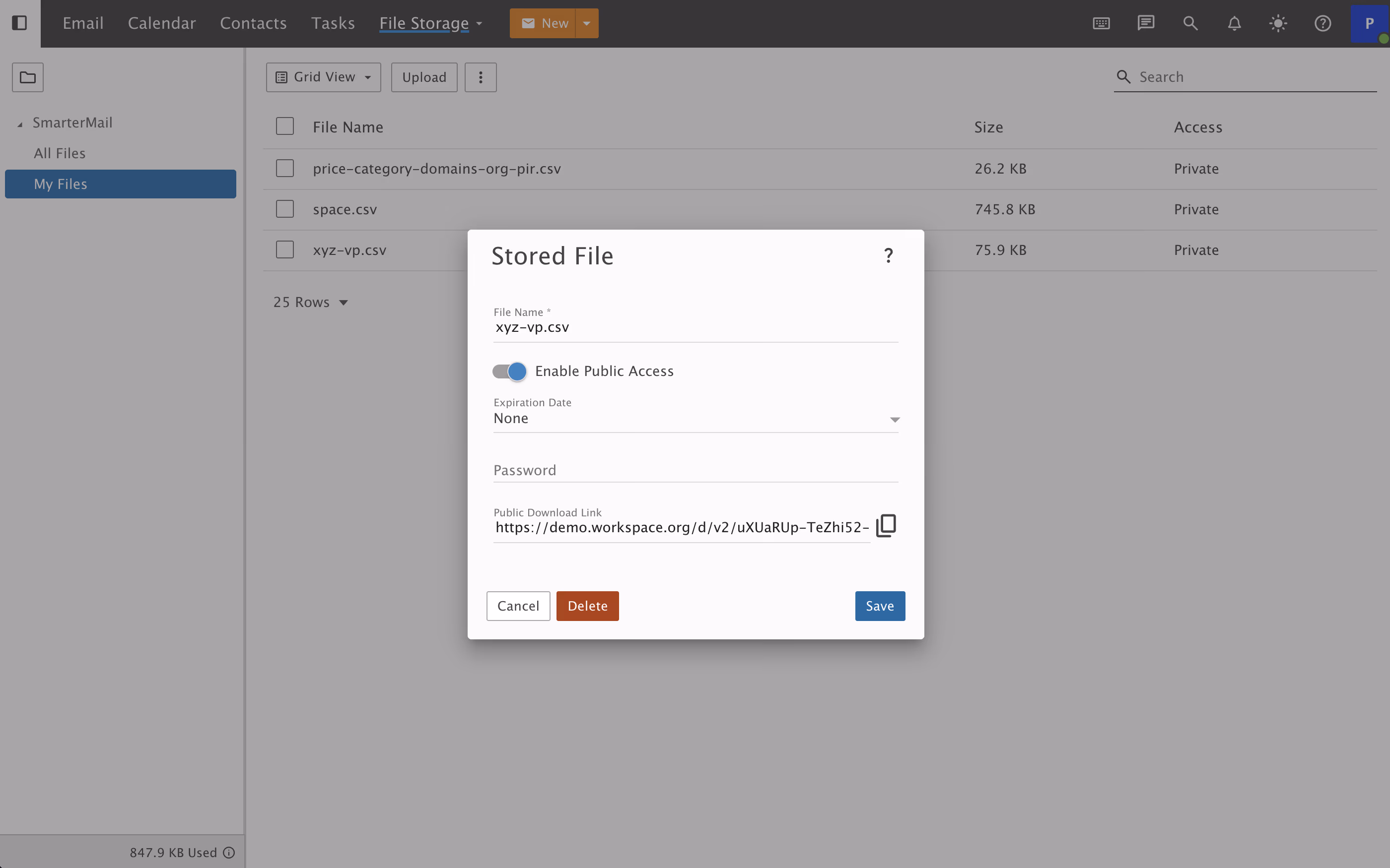 AstroMail file sharing link dialog